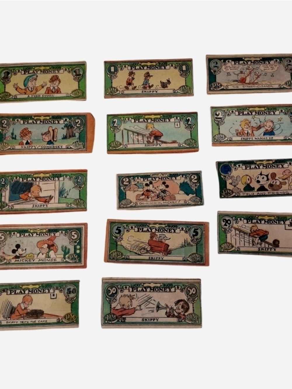 Vintage 1930s & 1940s Cartoon Play Money Bills Collection